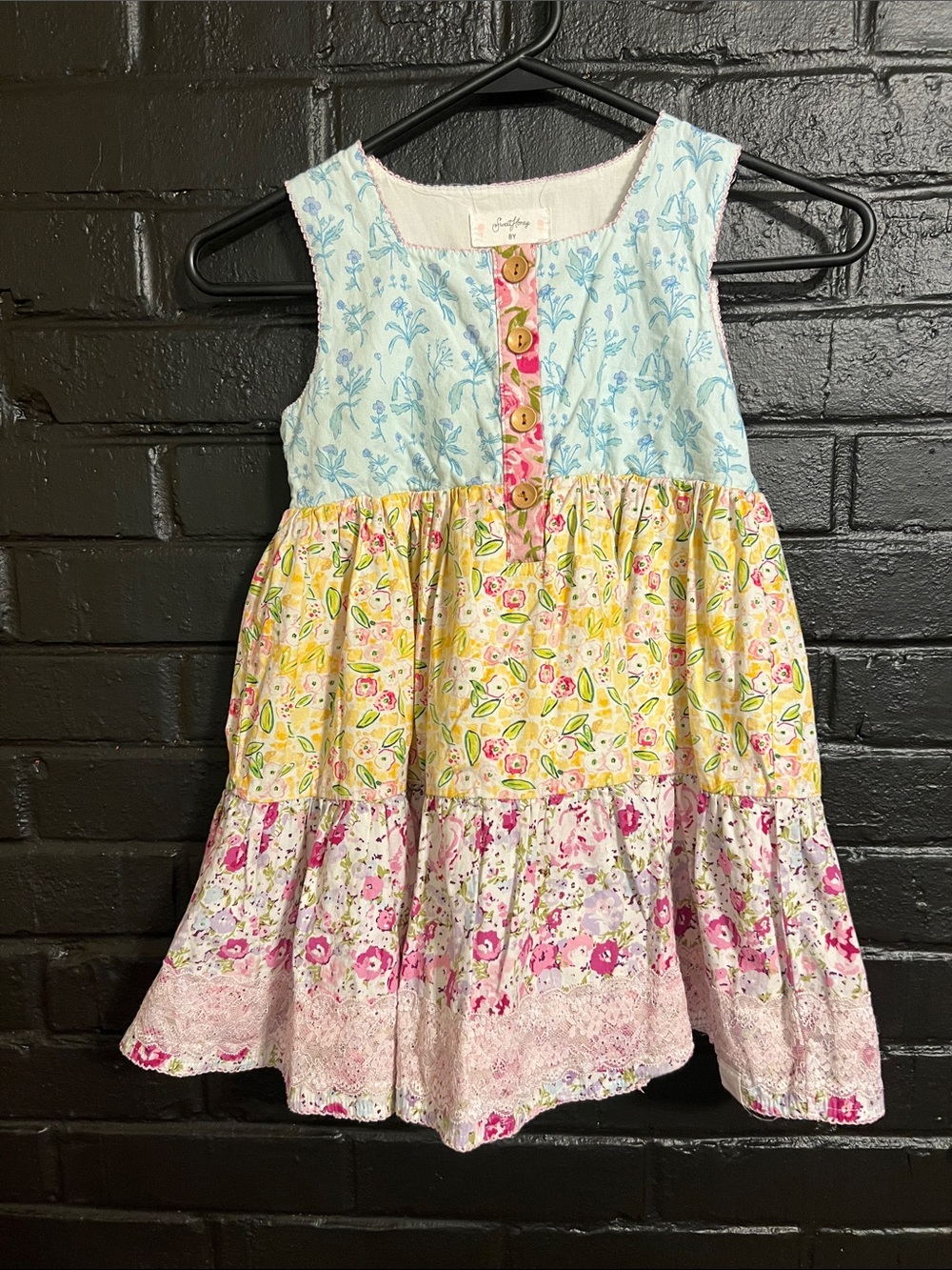 SweetHoney Mixed Floral Tiered Dress in Blue, Yellow & Pink